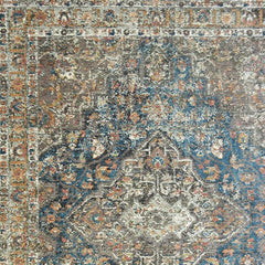 5' x 8' Blue and Brown Oriental Distressed Area Rug With Fringe
