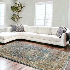9' X 13' Blue and Brown Oriental Distressed Area Rug With Fringe