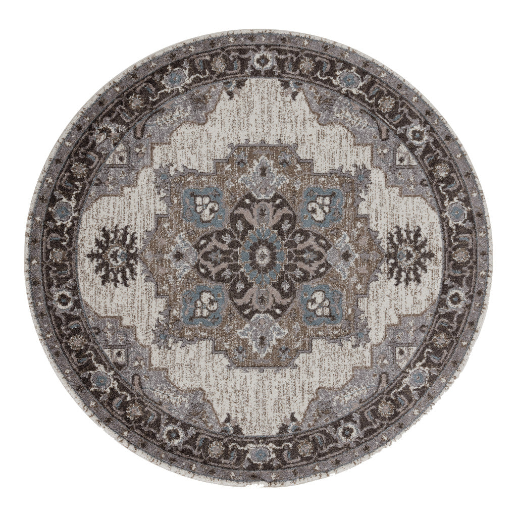 6' Gray and Beige Round Medallion Power Loom Area Rug