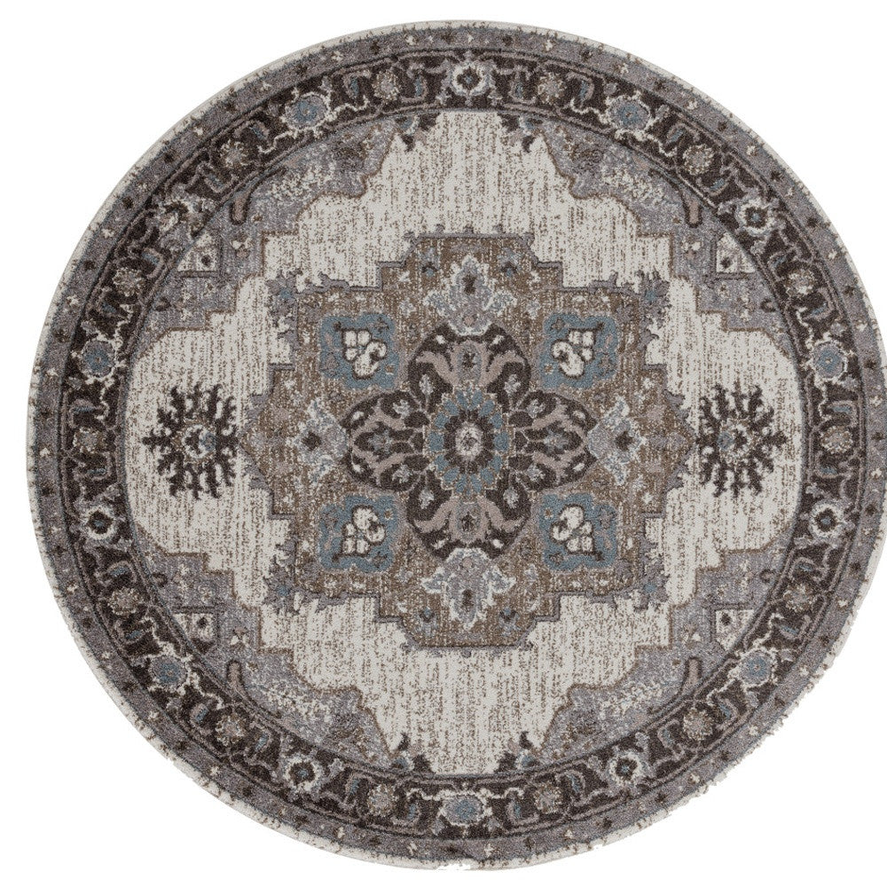 6' Gray and Beige Round Medallion Power Loom Area Rug