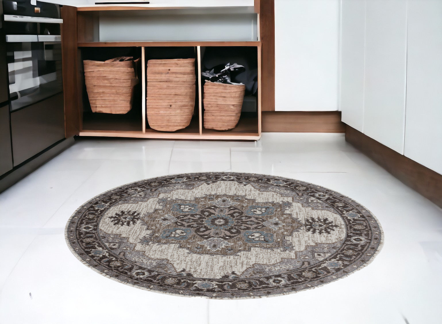 6' Gray and Beige Round Medallion Power Loom Area Rug