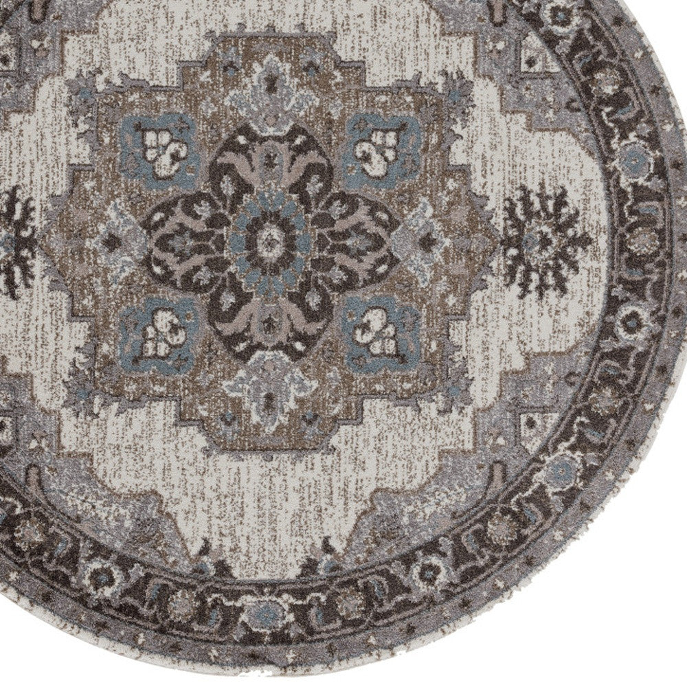 6' Gray and Beige Round Medallion Power Loom Area Rug