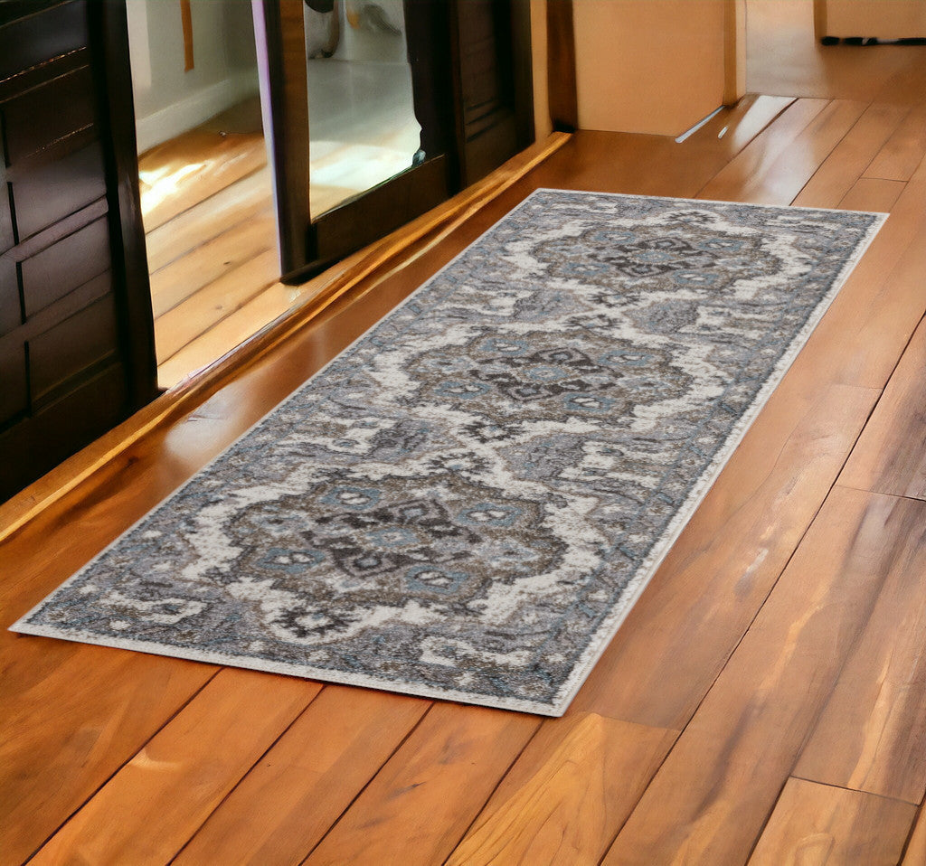 2' X 6' Gray and Beige Medallion Power Loom Runner Rug