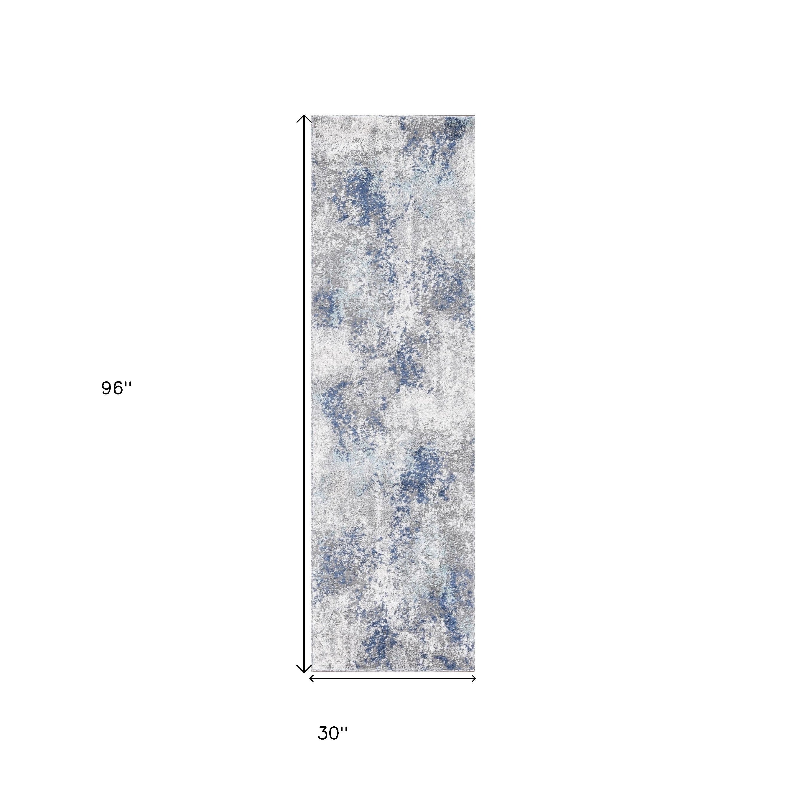 8' Gray and Blue Abstract Power Loom Runner Rug