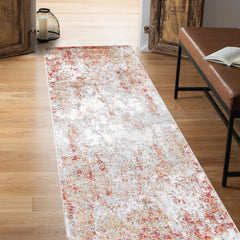 8' Gray and Red Abstract Power Loom Runner Rug