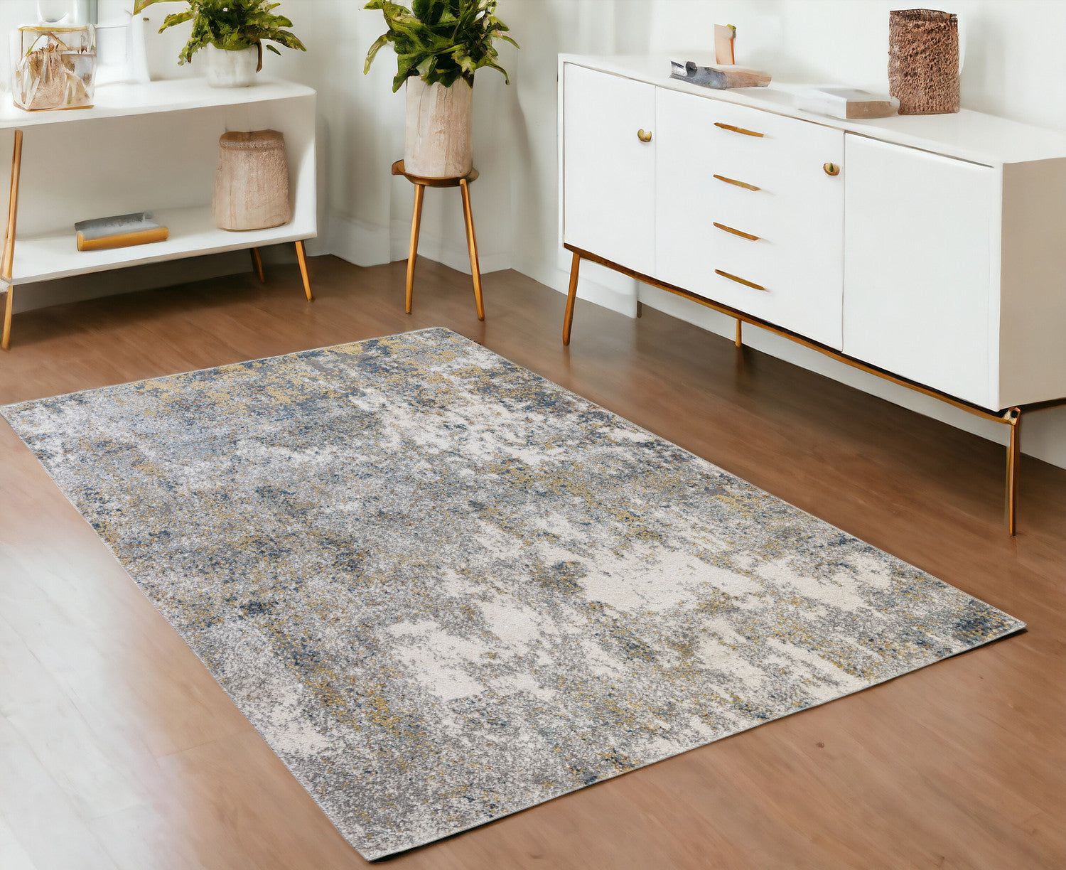 4' x 6' Gray and Yellow Abstract Power Loom Area Rug