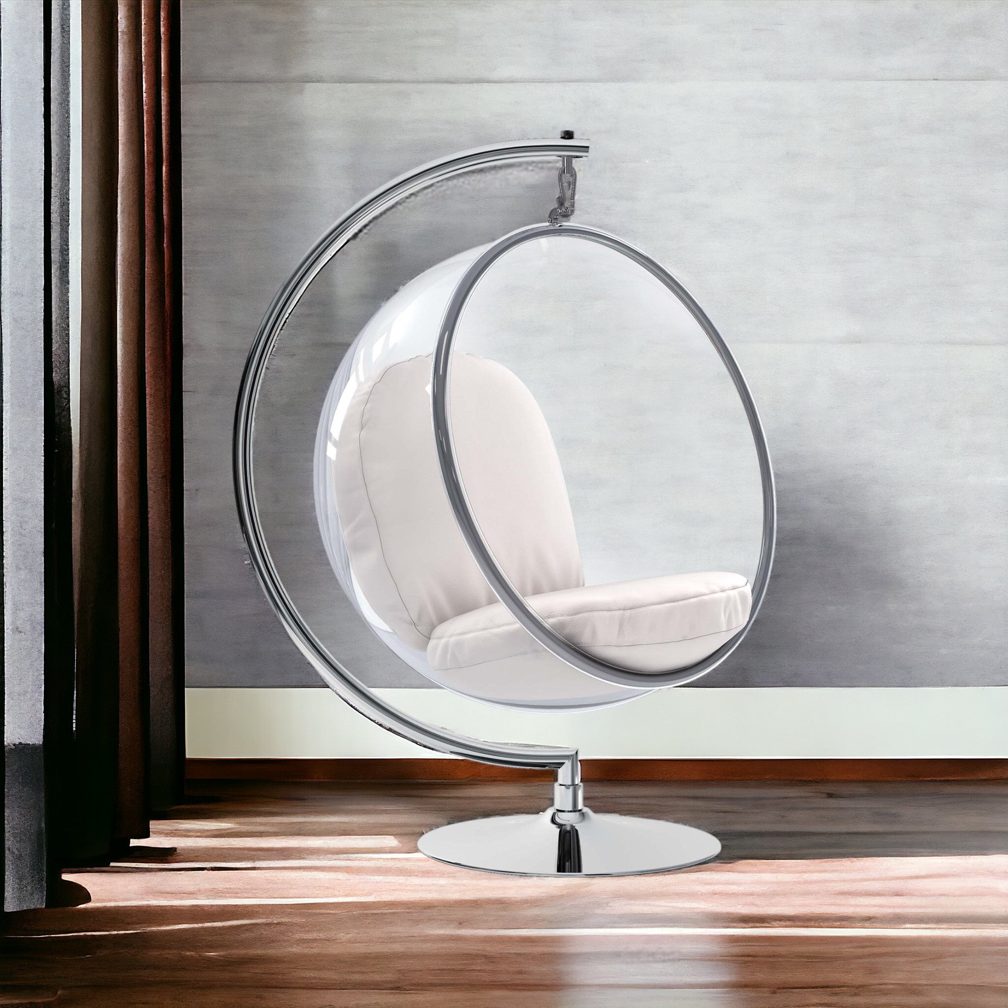 42" White And Silver Acrylic and Faux Leather Balloon Chair