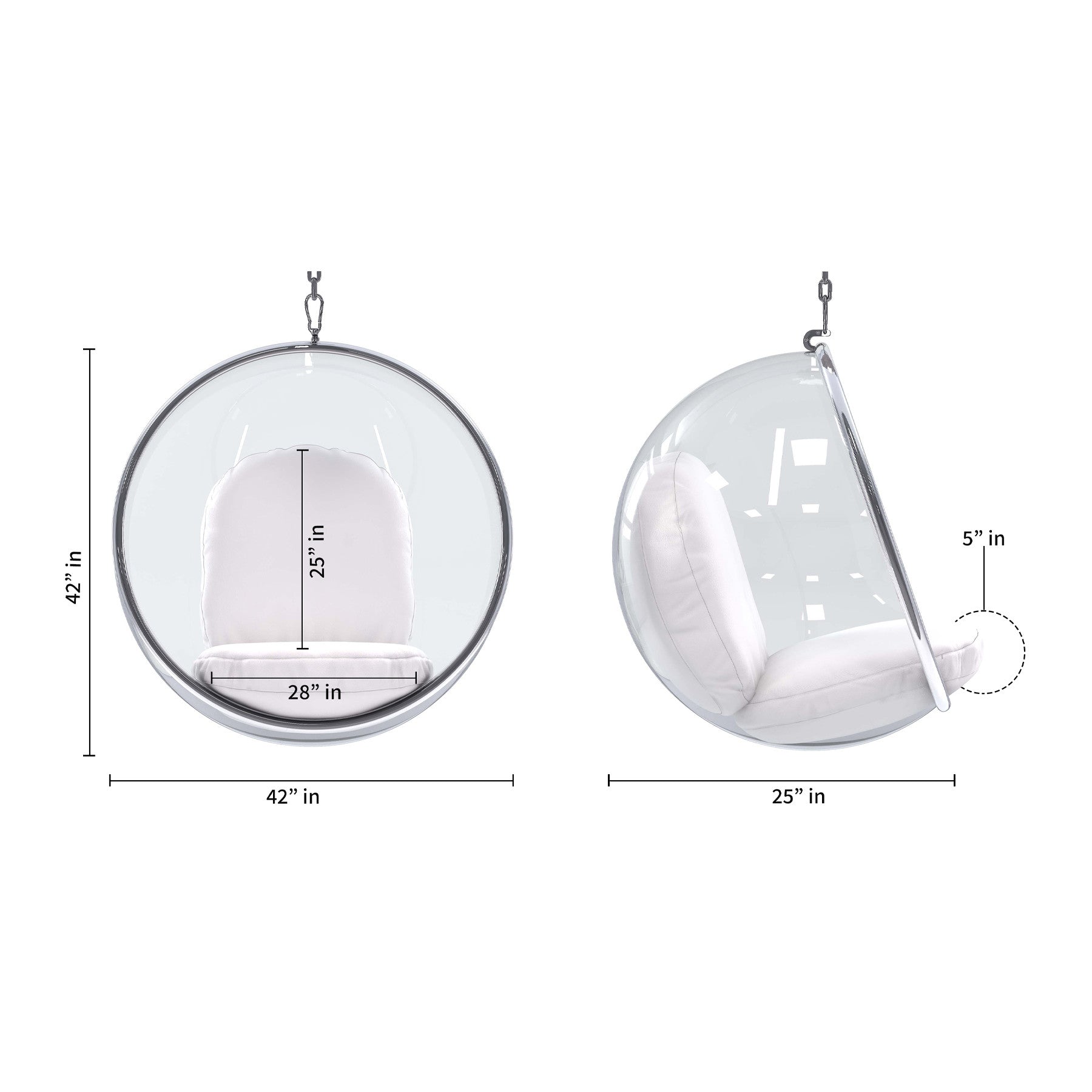 42" White And Silver Acrylic and Faux Leather Balloon Chair