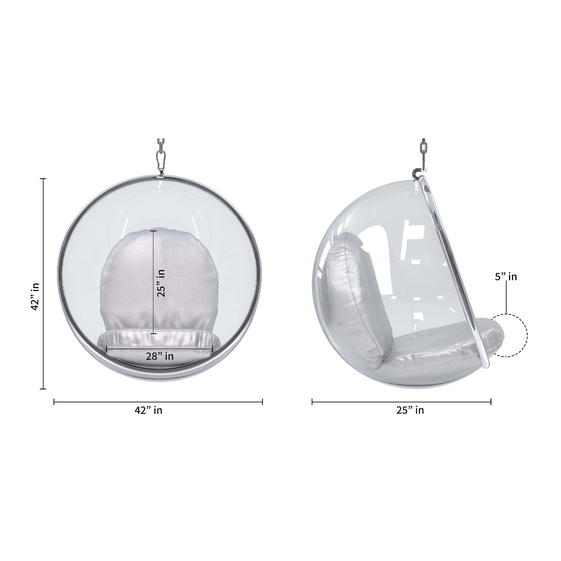 42" Silver and Clear Acrylic and Faux Leather Balloon Chair