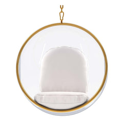 42" White and Gold Acrylic and Faux Leather Hanging Balloon Chair