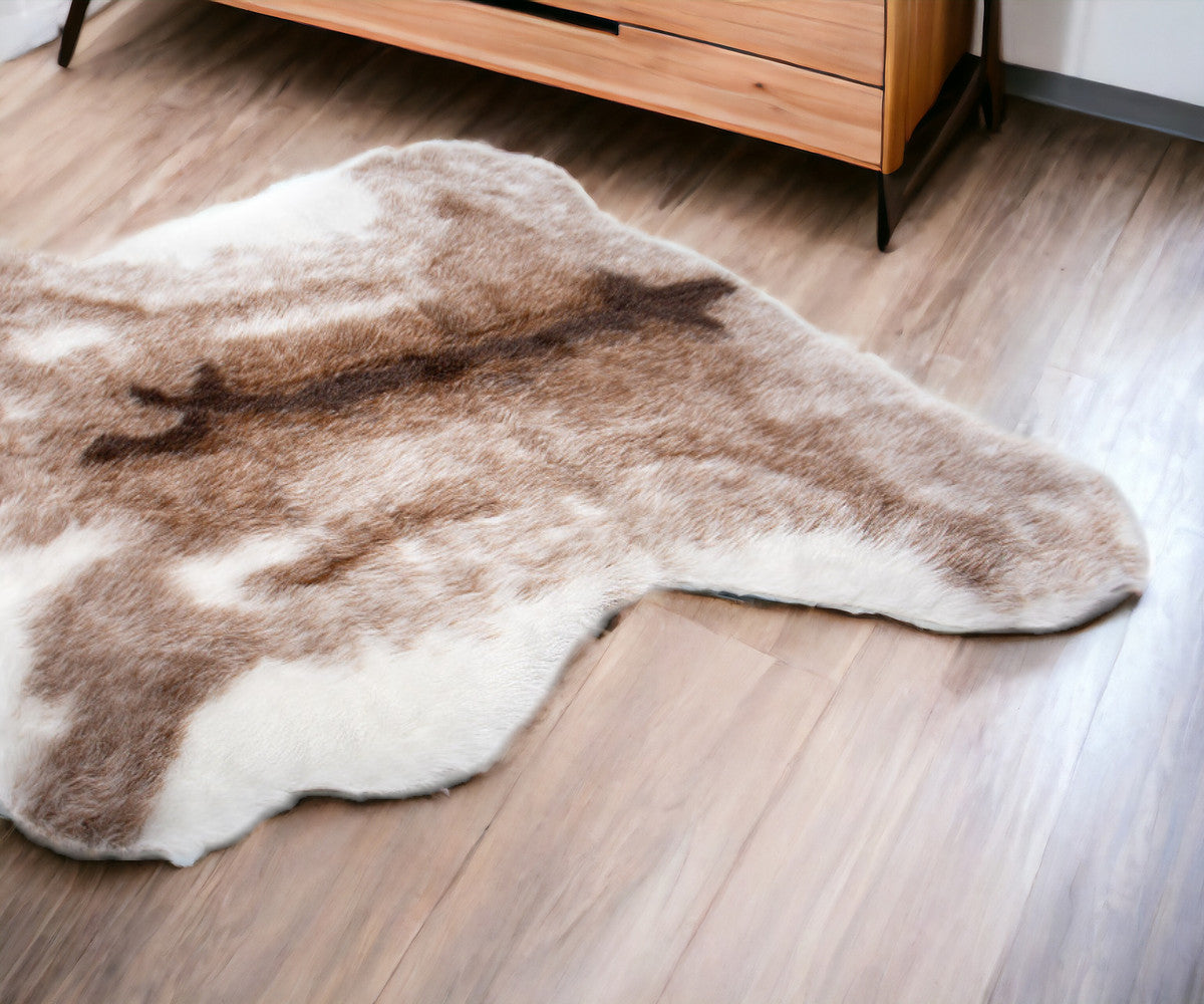 4' x 5' Brown and White Faux Fur Animal Print Area Rug