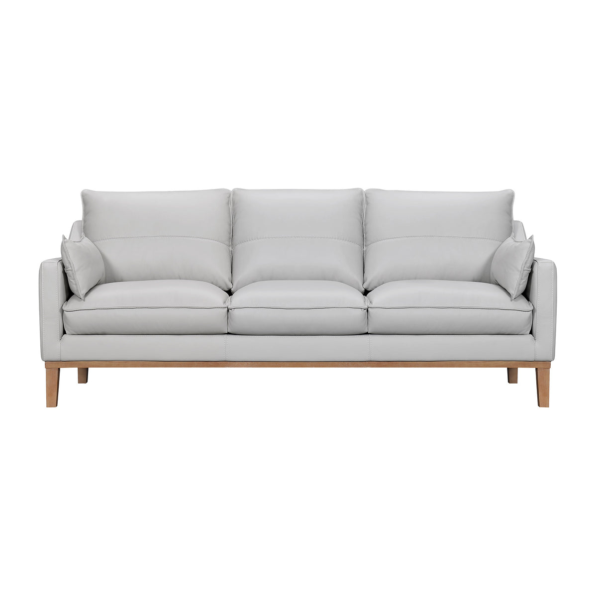 87" Gray And Brown Leather Sofa And Toss Pillows