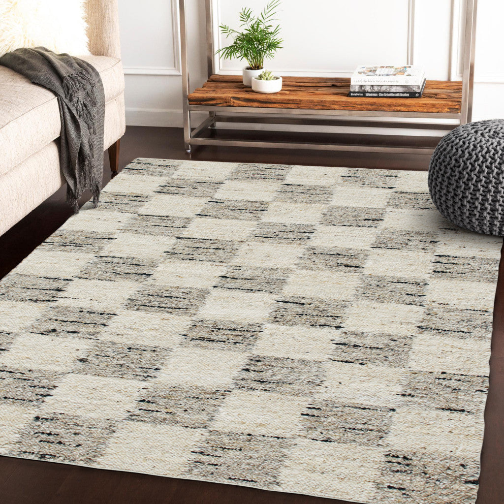 9' x 12' Beige Wool Checkered Hand Woven Area Rug