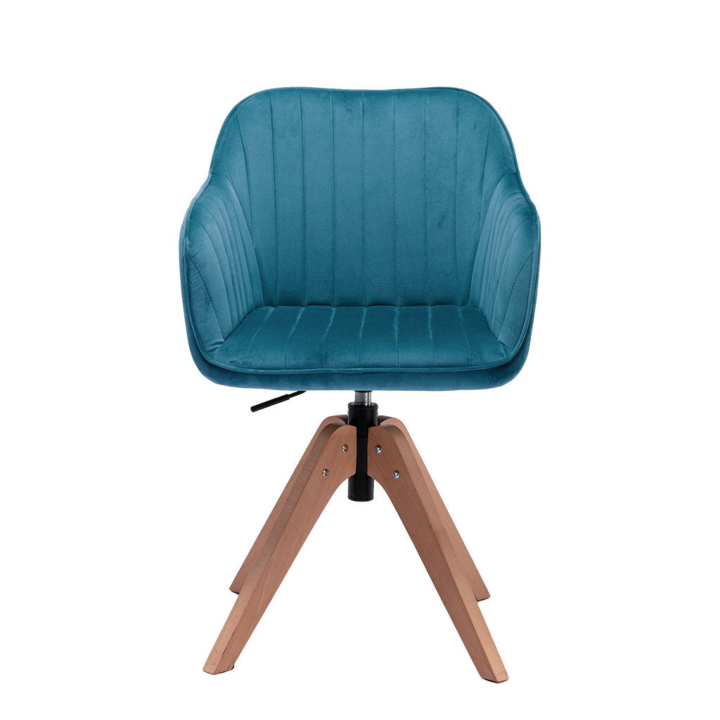 Tufted Teal Blue And Natural Velvet and Wood Dining Arm Chair