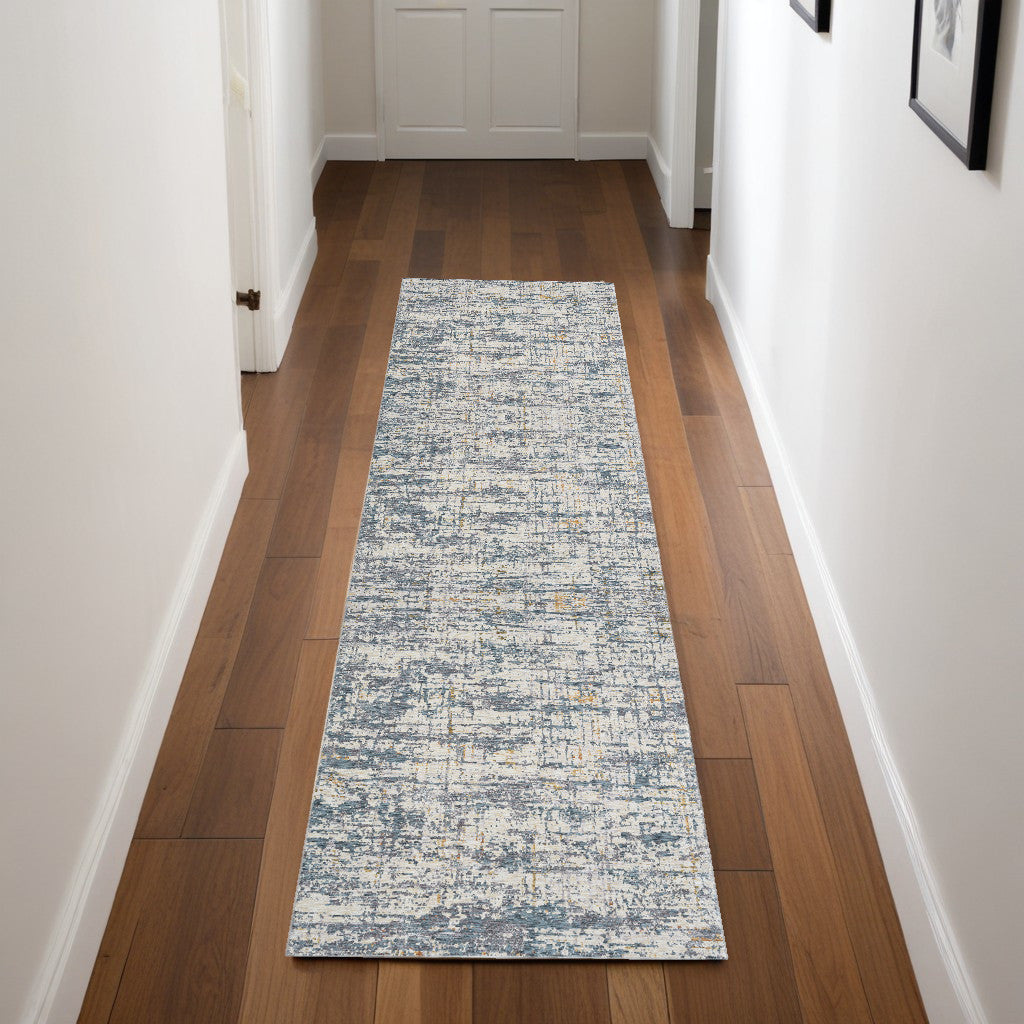 8' Runner Blue and Ivory Abstract Runner Rug