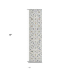 8' Runner Ivory and Blue Floral Runner Rug