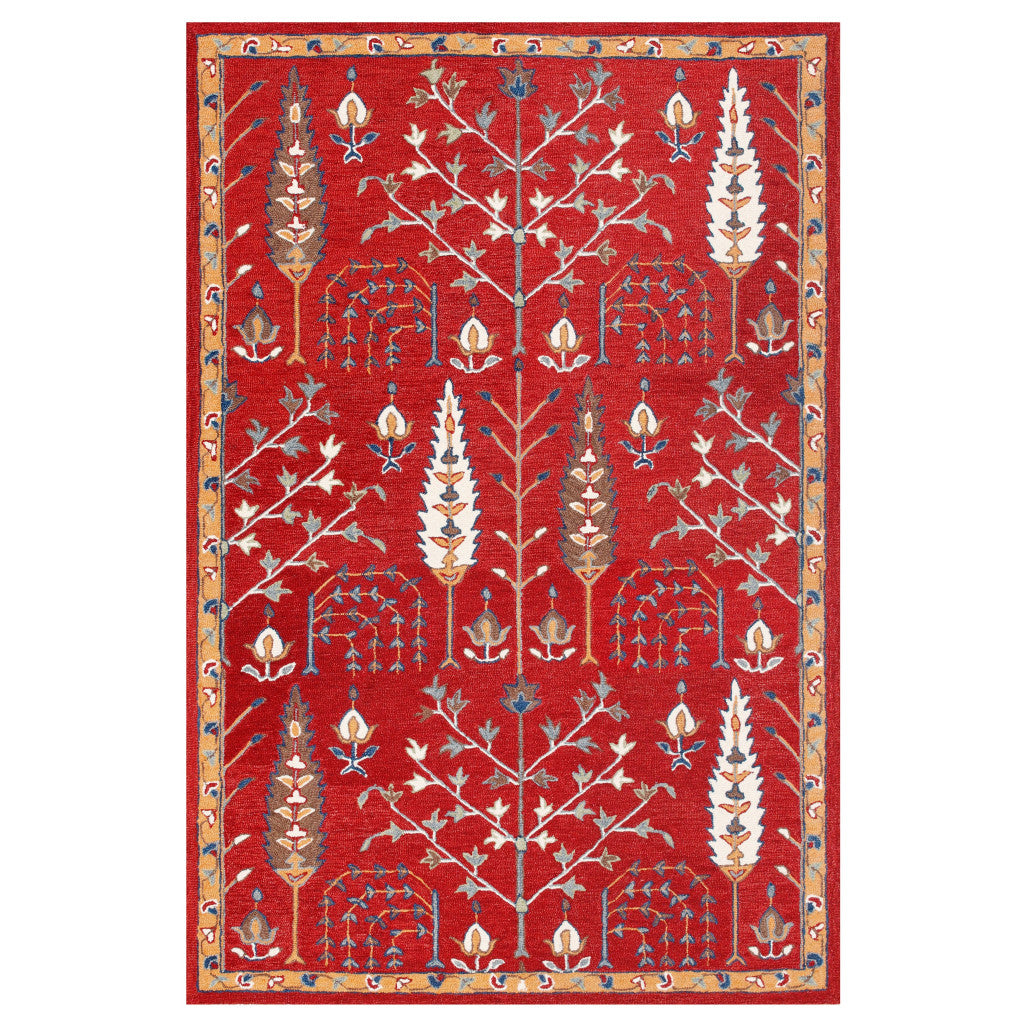 9' x 12' Red and Ivory Wool Floral Hand Tufted Area Rug