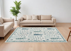 8' x 10' Ivory and Blue Wool Floral Hand Tufted Area Rug