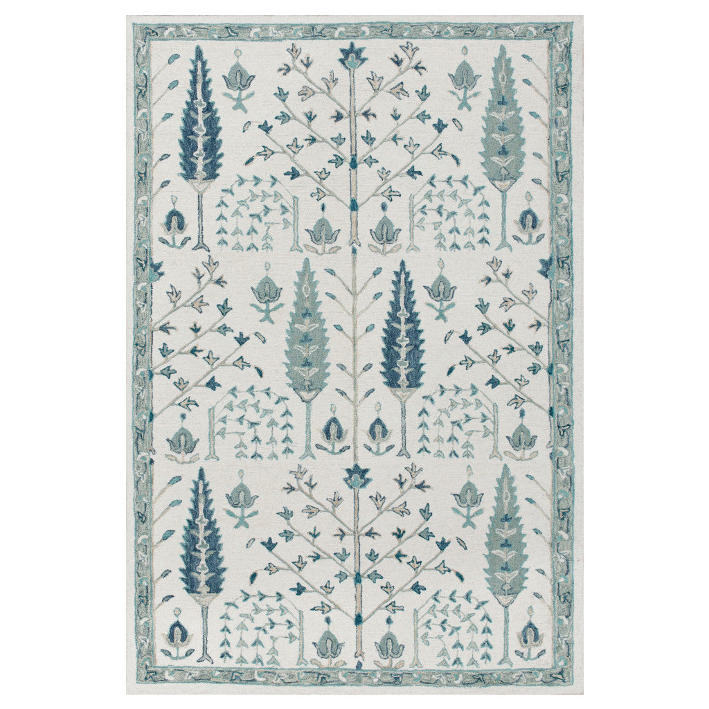 8' x 10' Ivory and Blue Wool Floral Hand Tufted Area Rug