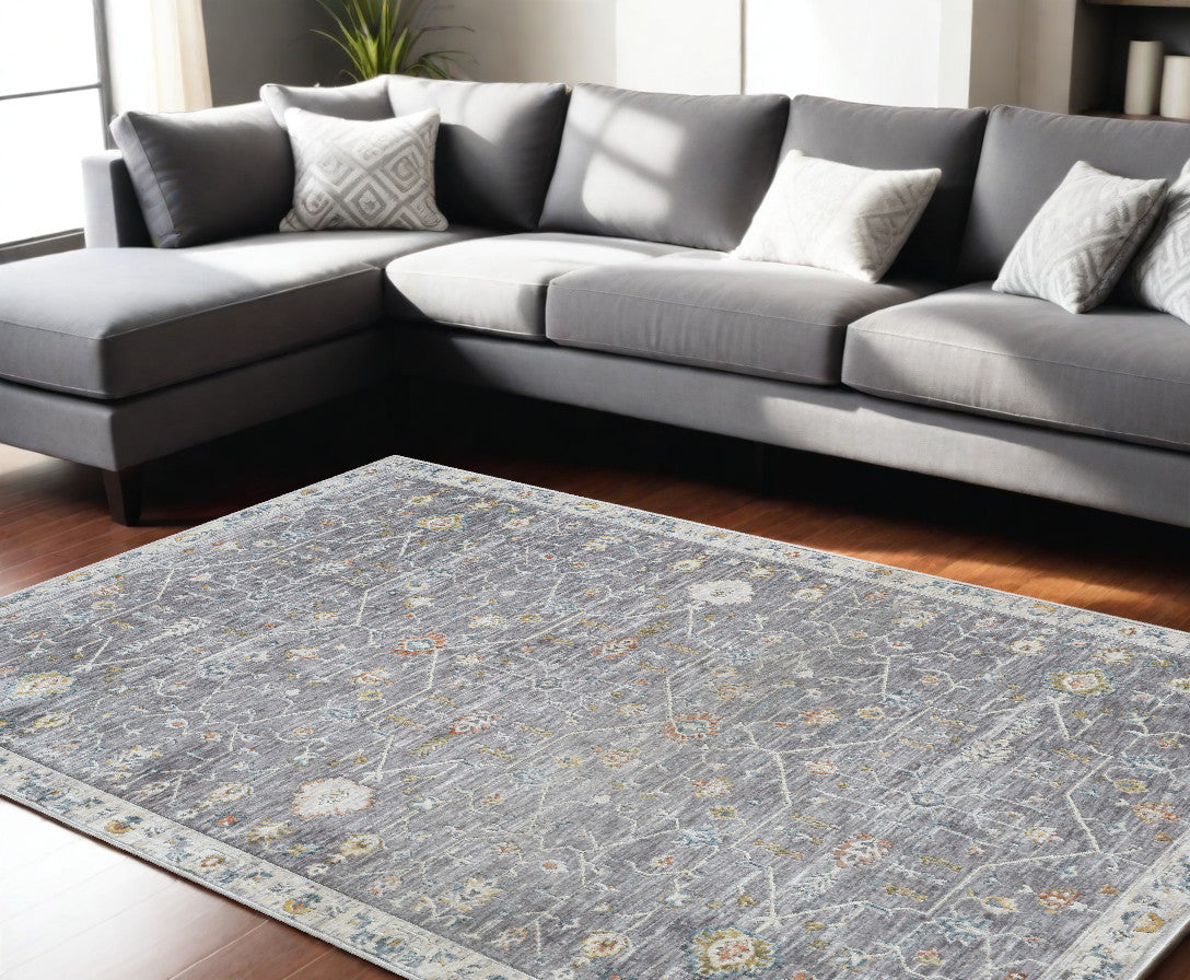 9' x 12' Gray and Ivory Floral Area Rug