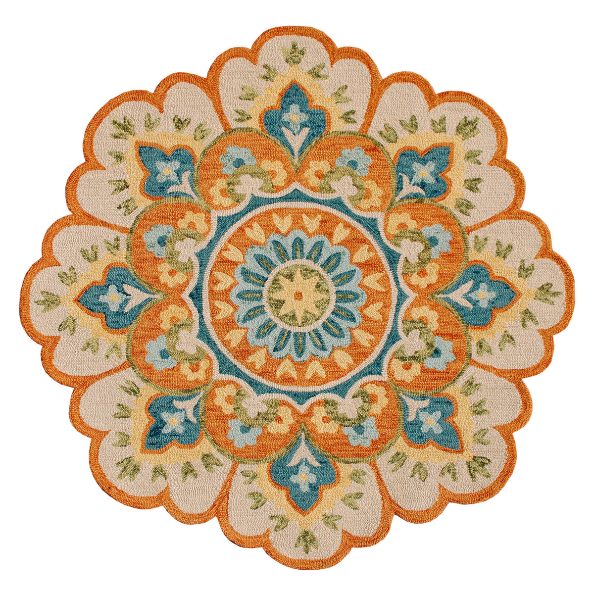 4' Orange and Blue Round Wool Floral Hand Tufted Area Rug
