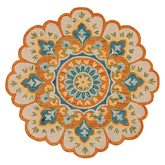 4' Orange and Blue Round Wool Floral Hand Tufted Area Rug
