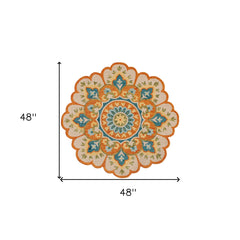 4' Orange and Blue Round Wool Floral Hand Tufted Area Rug
