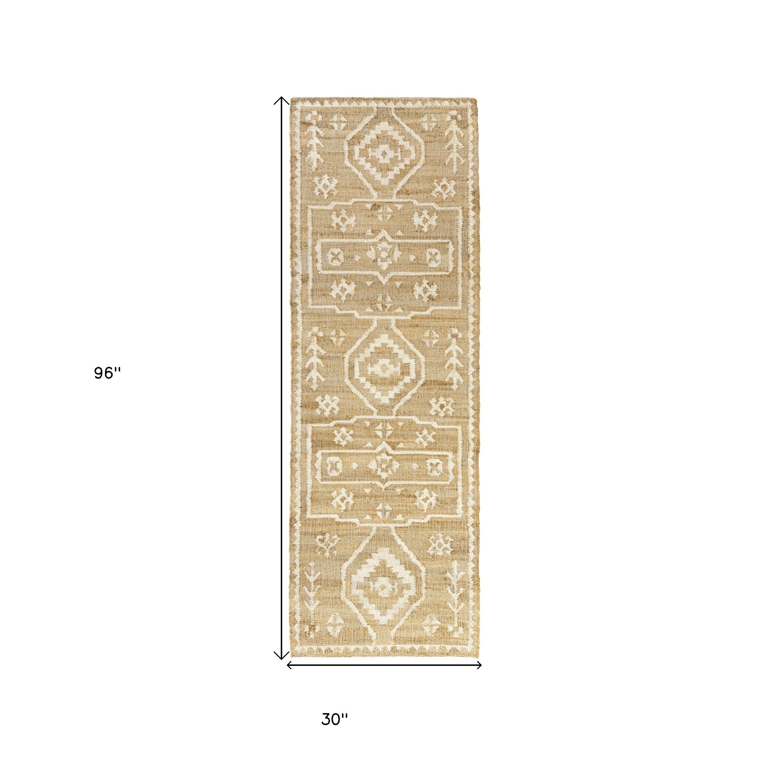 8' Runner Natural and Ivory Medallion Hand Woven Area Rug