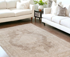 9' x 12' Beige and Ivory Medallion Area Rug