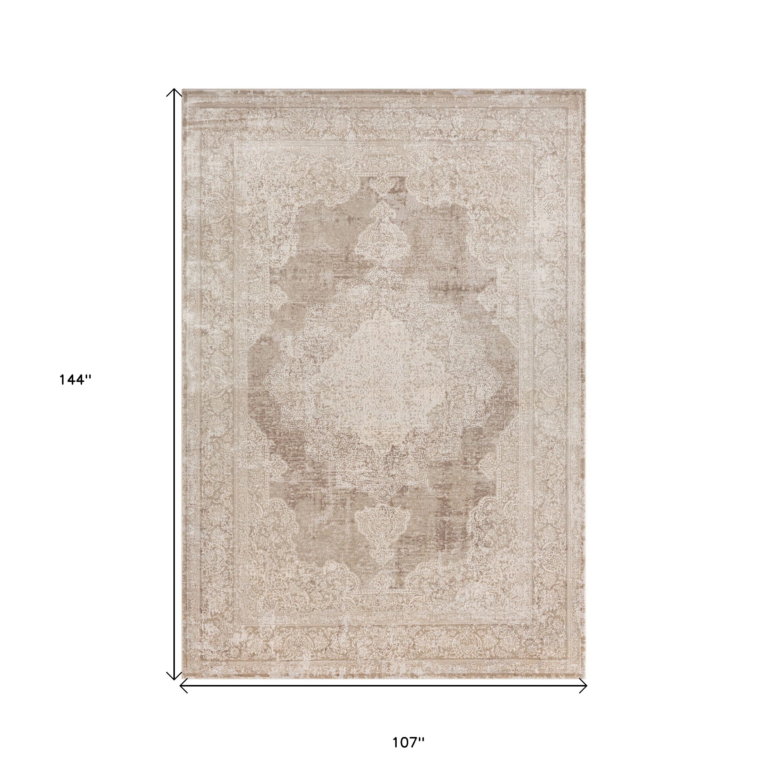 9' x 12' Beige and Ivory Medallion Area Rug