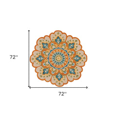 6' Orange and Blue Round Wool Floral Hand Tufted Area Rug