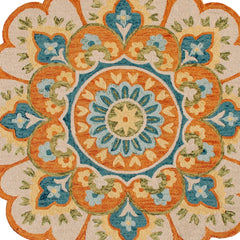 6' Orange and Blue Round Wool Floral Hand Tufted Area Rug