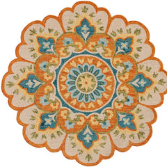 6' Orange and Blue Round Wool Floral Hand Tufted Area Rug