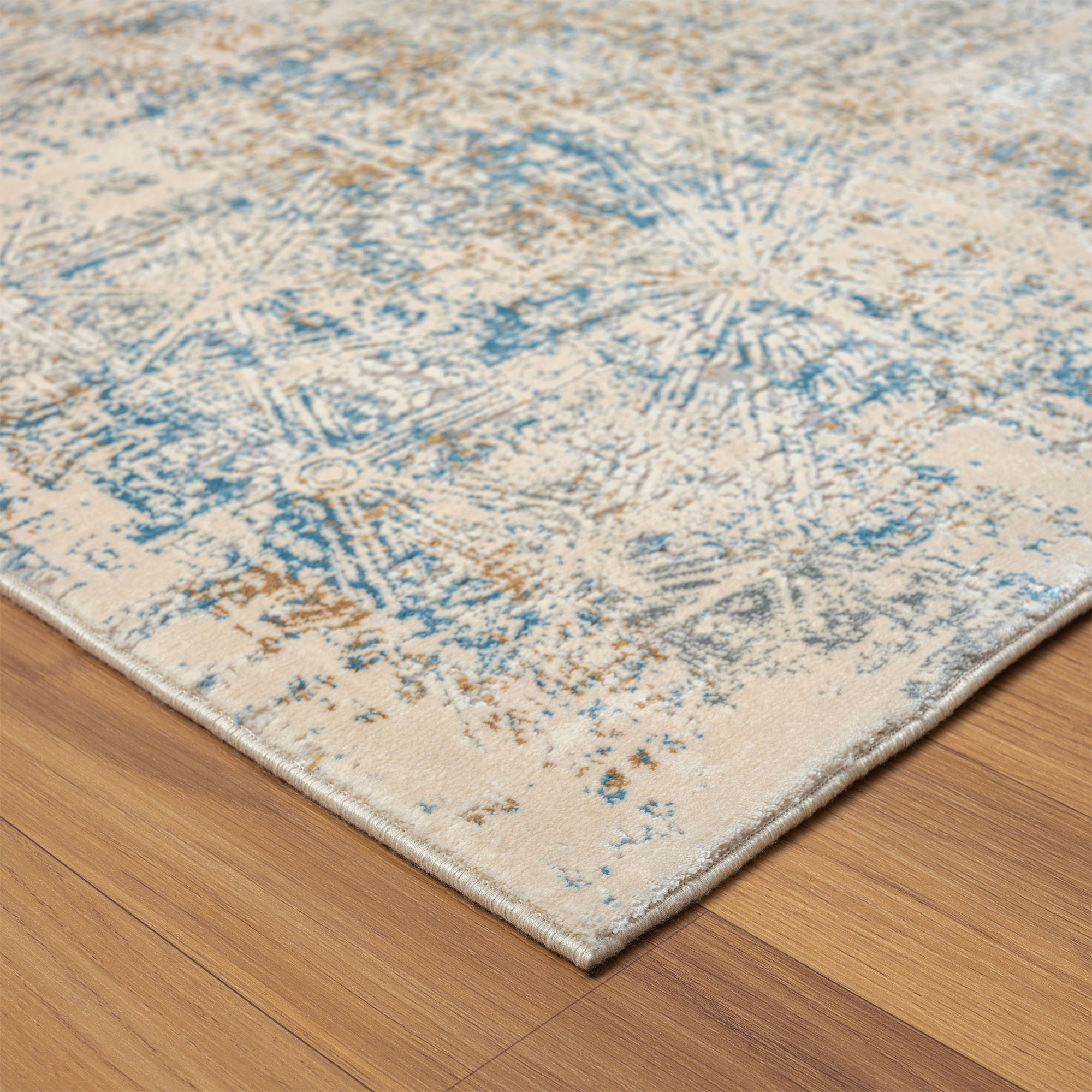 6' Runner Blue and Ivory Abstract Runner Rug