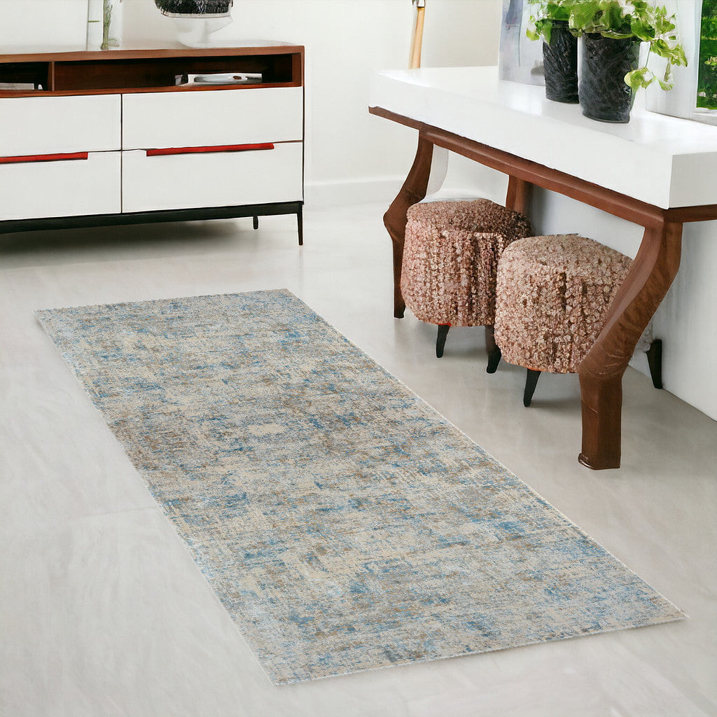 6' Runner Blue and Ivory Abstract Runner Rug