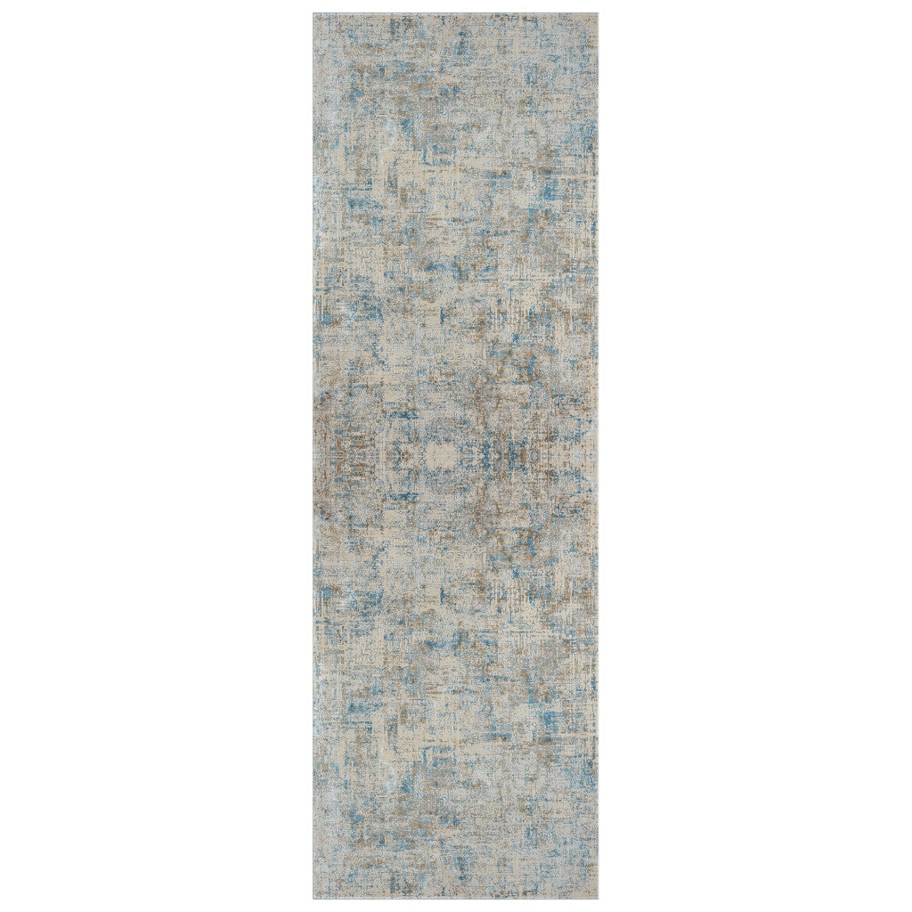 6' Runner Blue and Ivory Abstract Runner Rug