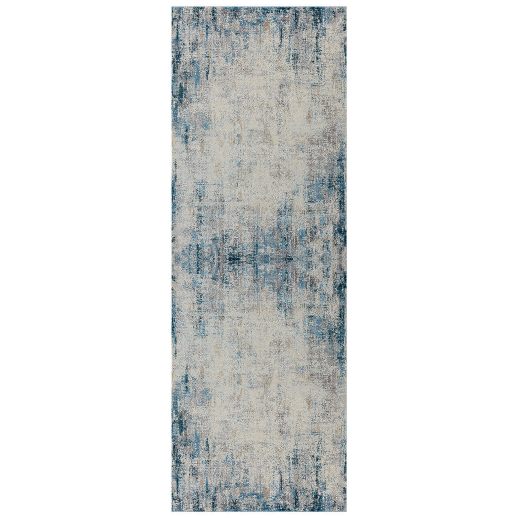 6' Runner Blue and Ivory Abstract Runner Rug