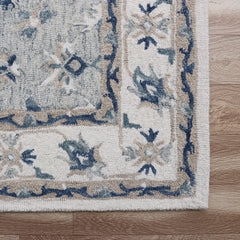 8' x 10' Blue and Ivory Wool Floral Hand Tufted Area Rug