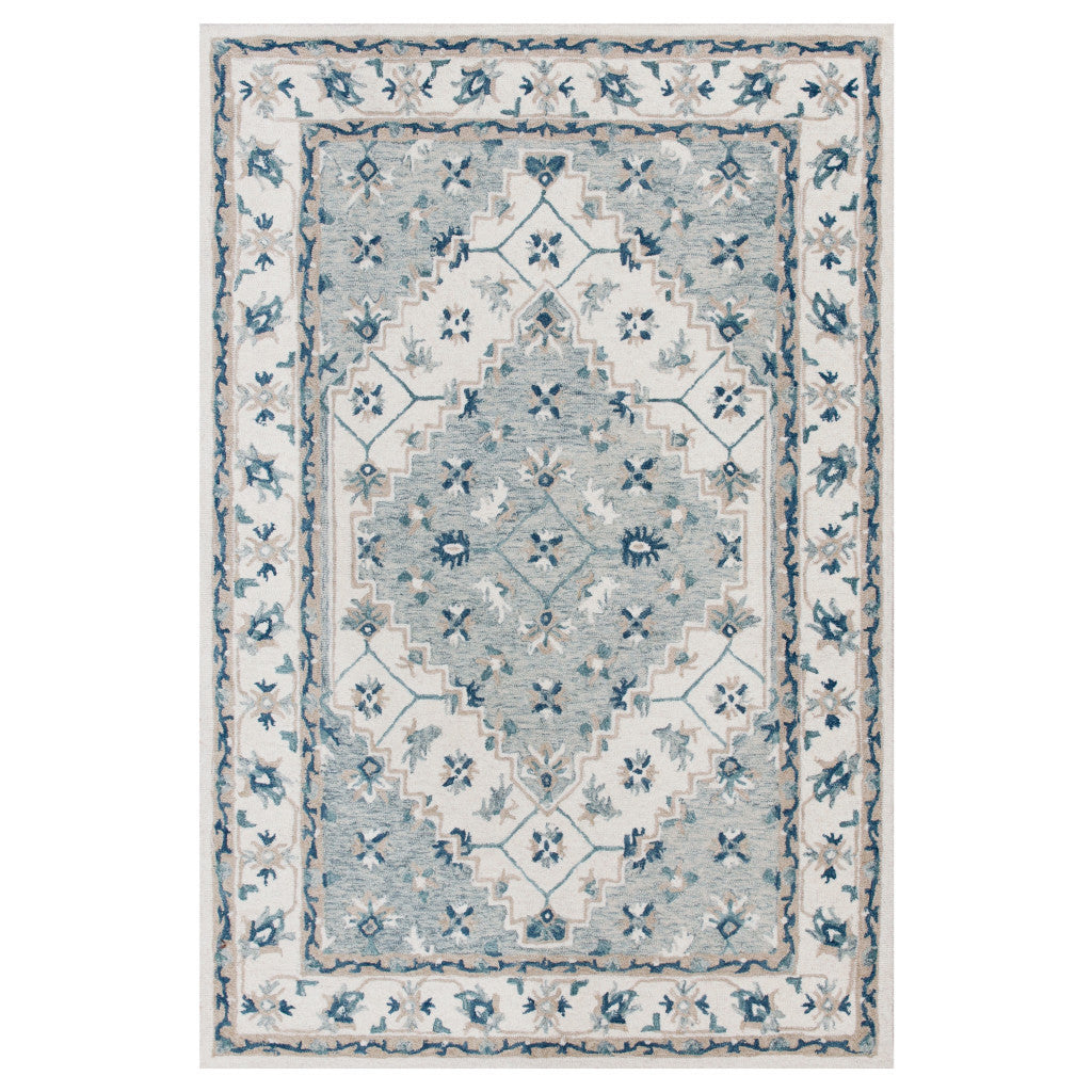 8' x 10' Blue and Ivory Wool Floral Hand Tufted Area Rug