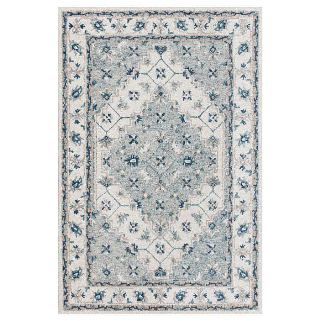 8' x 10' Blue and Ivory Wool Floral Hand Tufted Area Rug