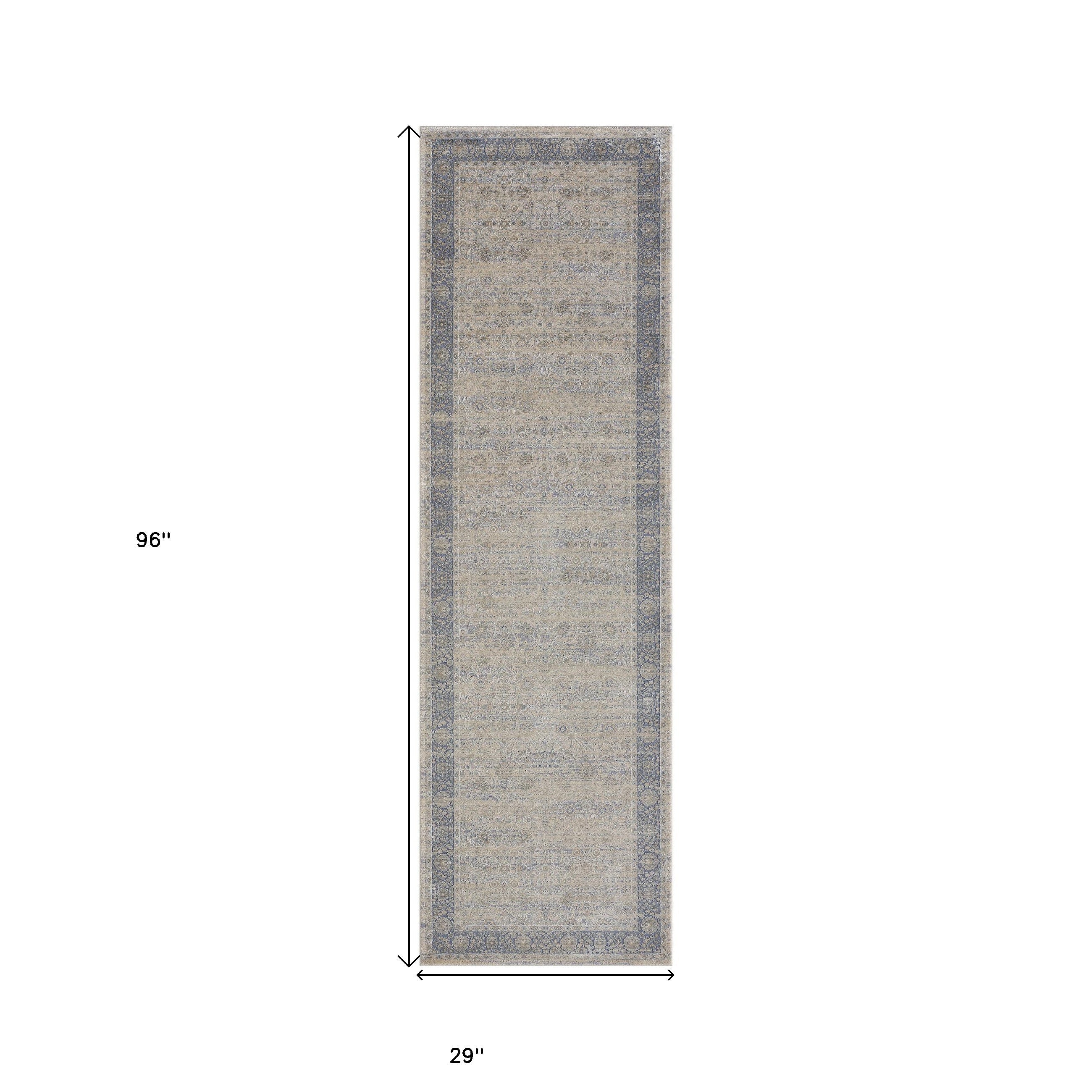 8' Runner Blue and Beige Floral Runner Rug