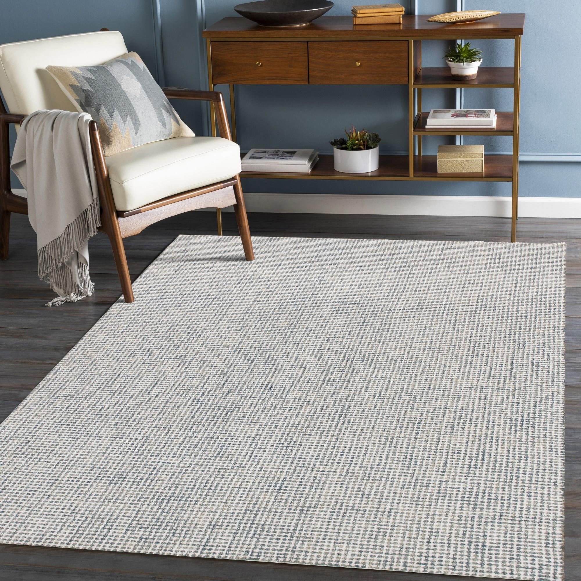 8' Runner Blue and Ivory Wool Abstract Hand Tufted Runner Rug