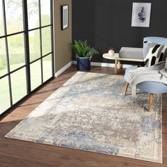 10' x 14' Blue and Ivory Square Floral Area Rug