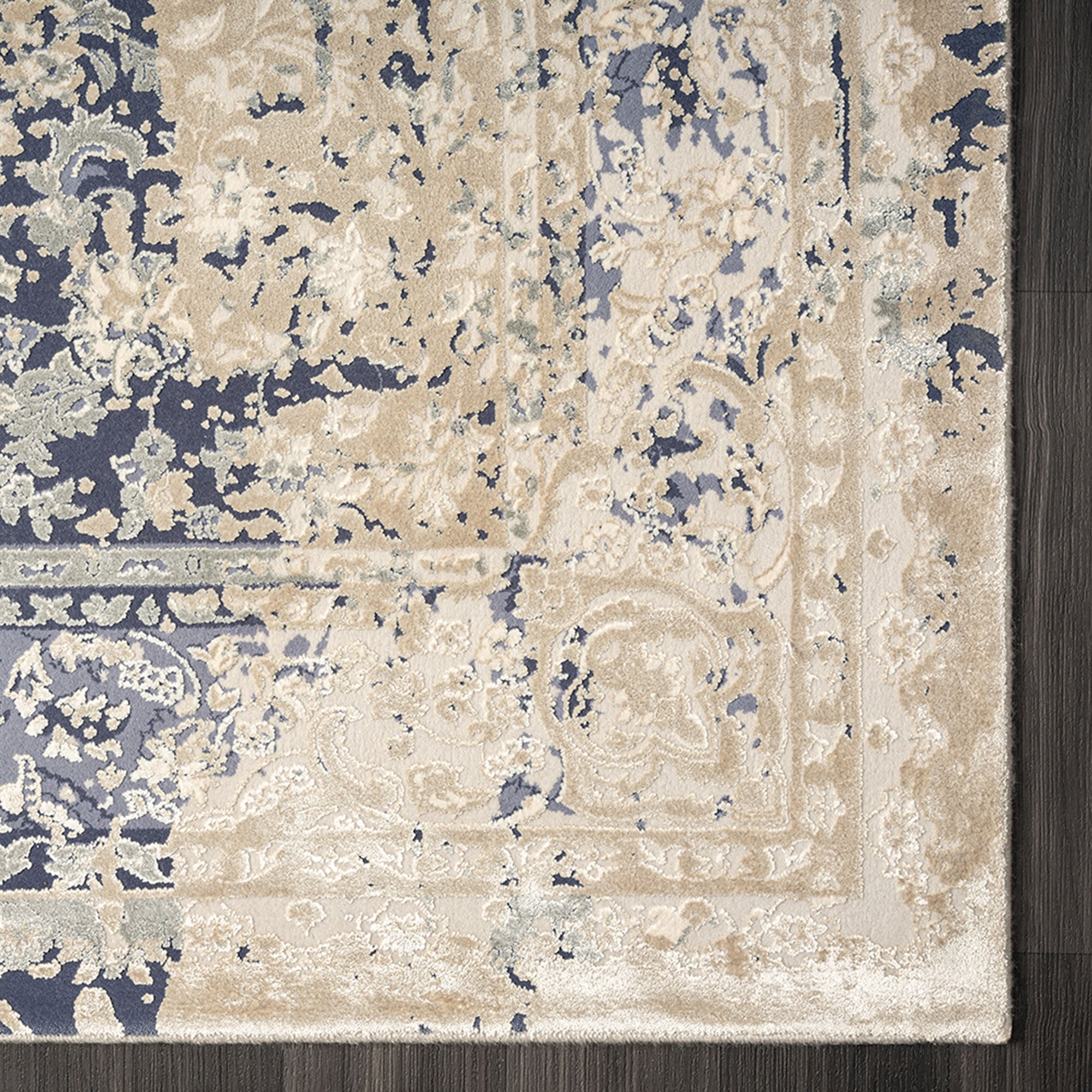 10' x 14' Blue and Ivory Square Floral Area Rug