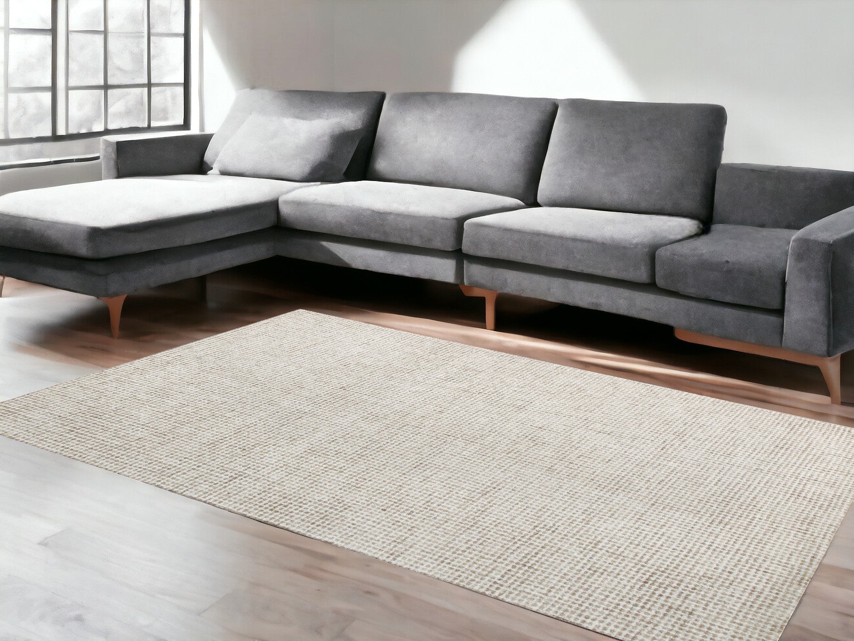 8' x 10' Beige and Ivory Wool Checkered Hand Tufted Area Rug