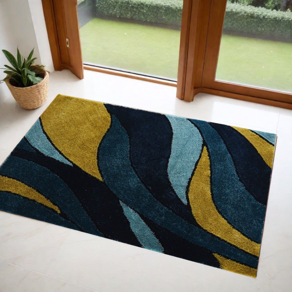 2' x 3' Blue and Yellow Shag Hand Tufted Area Rug