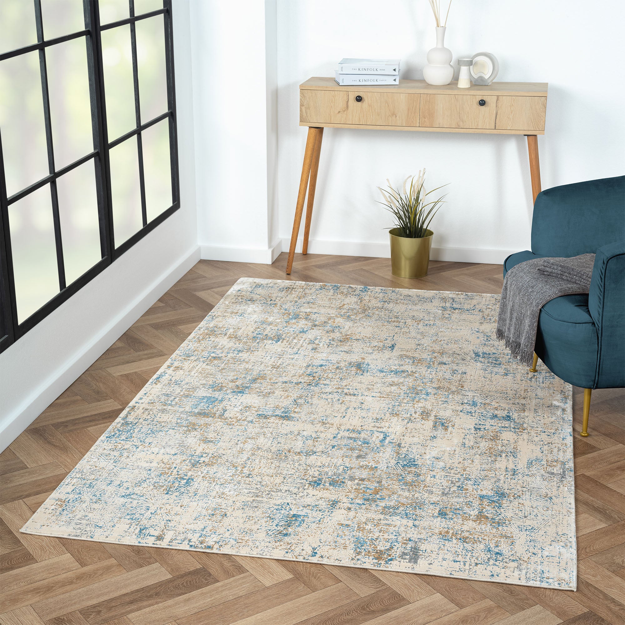 8' x 10' Blue and Ivory Abstract Area Rug