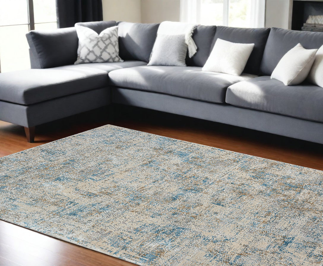 8' x 10' Blue and Ivory Abstract Area Rug