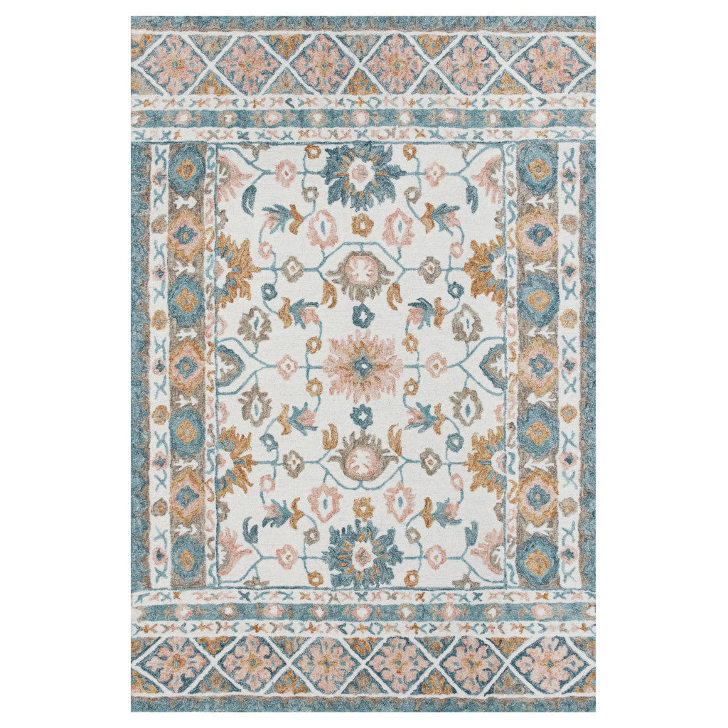 8' x 10' Blue and Ivory Wool Floral Hand Tufted Area Rug