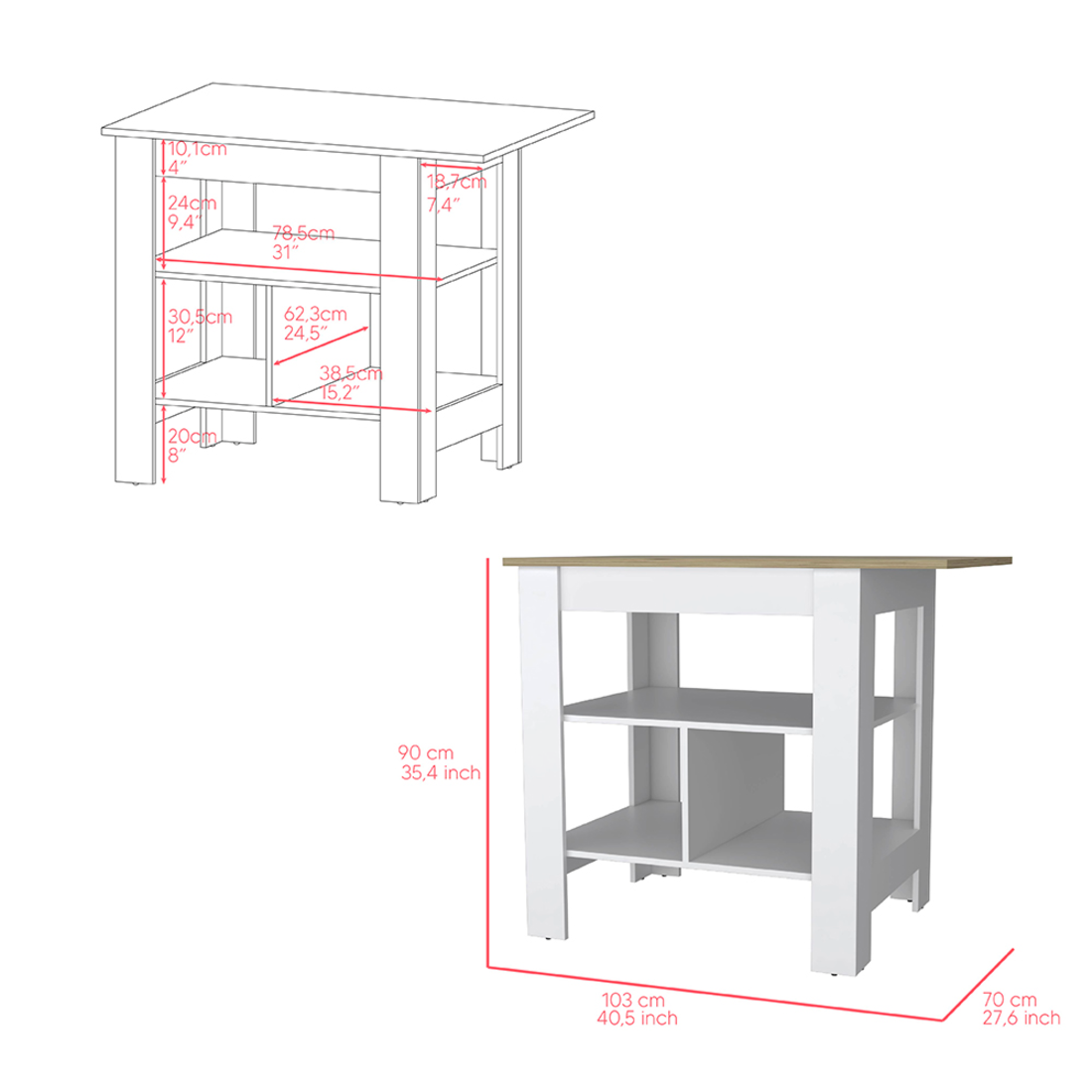 White And Natural 41" Kitchen Island Set With Storage